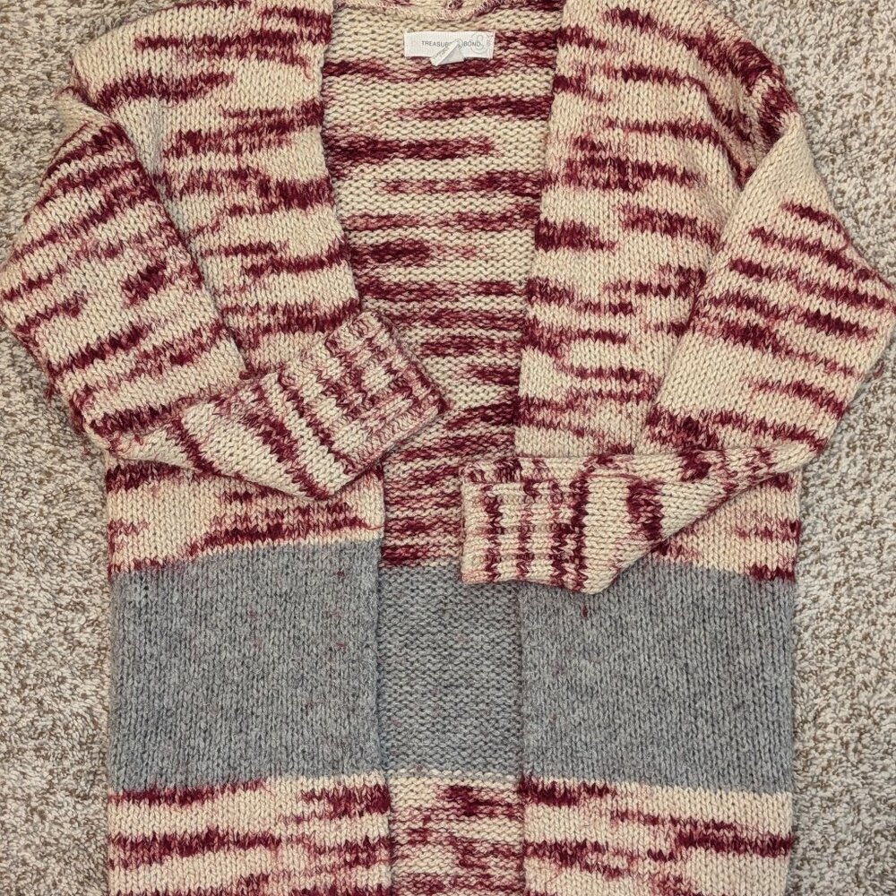 Womens Treasure & Bond Wool Blend Cardigan Maroon Cream and Gray‎ Size 7-8